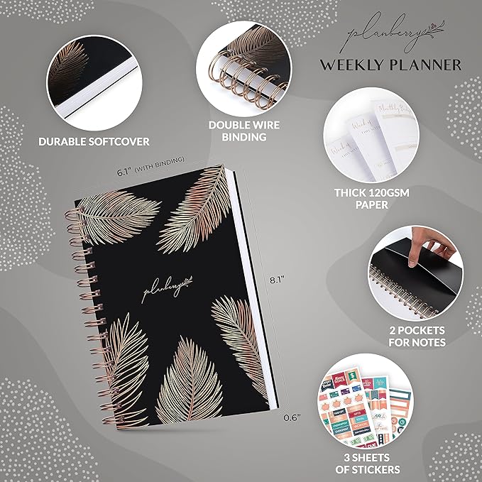 PLANBERRY Weekly Planner – Undated Life Organizer & Budget Planner – Time Management, Goal Setting, To-Do List, Work-Life Balance & Habit Tracker – 6.1″ x 8.1″ (Onyx Black)