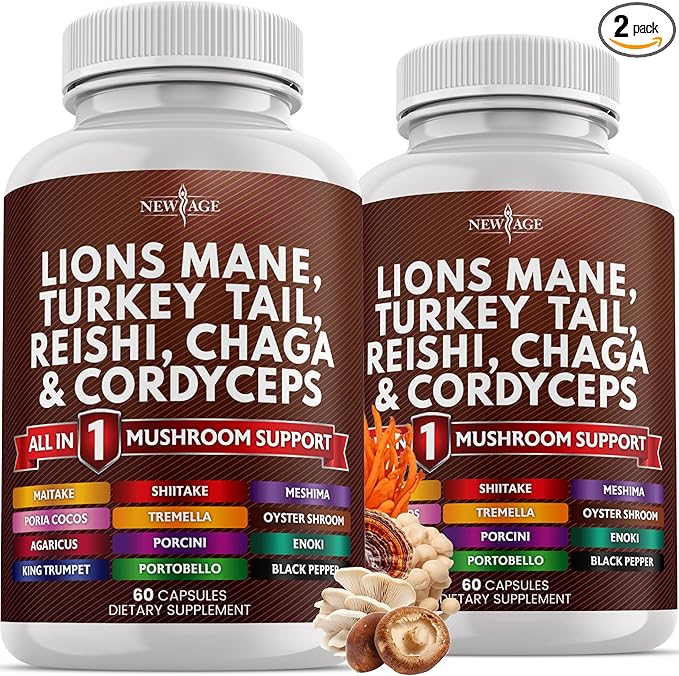 NEW AGE Lions Mane Mushroom Supplement with Turkey Tail Reishi Cordyceps Chaga with Marshmallow Root - 120 Count