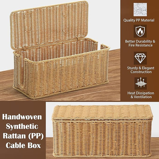 2Pack Large Cable Management Box, Handwoven Imitation Rattan Cord Organizer Cord Hider Box, Cable Organizer Box for Desk, Cord Management Box to Hide Cords and Power Strips