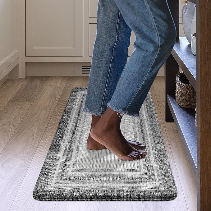 KIMODE Anti Fatigue Kitchen Mat, 17.3"x29" Cushioned Kitchen Rug, Non Slip Waterproof Kitchen Floor Mat, Farmhouse Comfort Standing Mat for Laundry, Office, Sink, Desk Grey