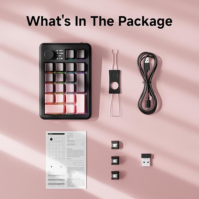EWEADN NK20 Wireless Retro Mechanical Numpad with Knob, Bluetooth/2.4GHz/USB-C Connect with RGB Backlight Hot Swappable Number Pad, 20-Key Rechargeable External Num Pad for Win, Mac, Black Berry Pink