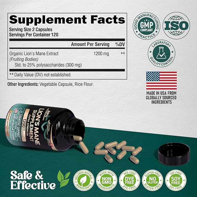 Lions Mane Supplement Capsules - Organic Lions Mane - Made in USA - Fruiting Bodies Extract - 1200 mg, 25% Polysaccharides - Memory & Focus Support - As Lions Powder - 240 Capsules, 4 Month Supply