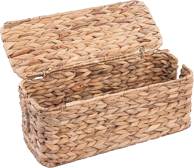 PEMAR Natural Wicker Cable Management Box, Cable Organizer, 2 Open Slots, Under Desk Cord Organizer, Cover & Hide Power Strips & Cords for TV Desk, Computer, Router, USB Hub (Natural Water Hyacinth)