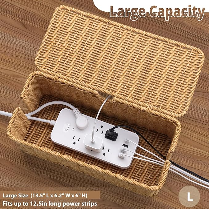 2Pack Large Cable Management Box, Handwoven Imitation Rattan Cord Organizer wire Hider Box, Desk Cord Management to Hide Cords and Power Strips