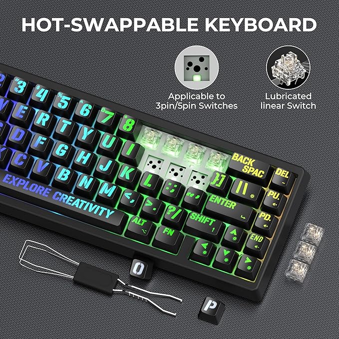 x XVX M67 Wireless 60% Percent Keyboard, QMK/VIA Topographic Gaming Keyboard, Tri-Mode Thocky Creamy Mechanical Key board, Hot Swappable Gasket Mount RGB IMD Tech for Win/Mac, Miami Theme, Black