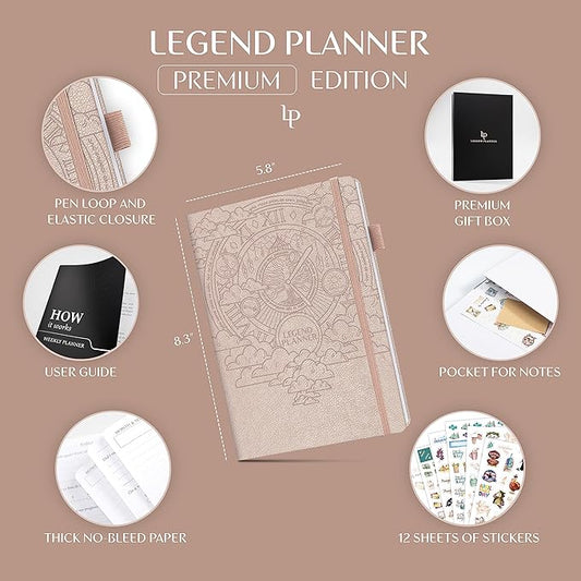 Legend Weekly Planner Premium – Undated Weekly, Monthly & Budget Planner – Life Organizer for Time Management & Productivity, A5 (Rose Gold)
