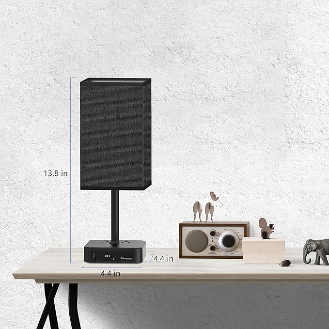 Bedside Table Lamp with Touch Control & USB C+A Charging Ports LED Desk Lamp with 2 AC Outlets, Minimalist Nightstand Light with Black Fabric Shade for Bedroom, Living Room, Office, Black