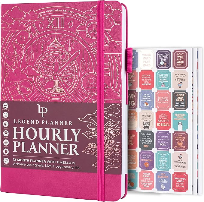 Legend Planner Hourly Schedule Edition – Deluxe Weekly & Daily Organizer with Time Slots. Time Management Appointment Book Journal for Work & Personal Life, Undated, A5 Hardcover – Hot Pink, Gold Foil