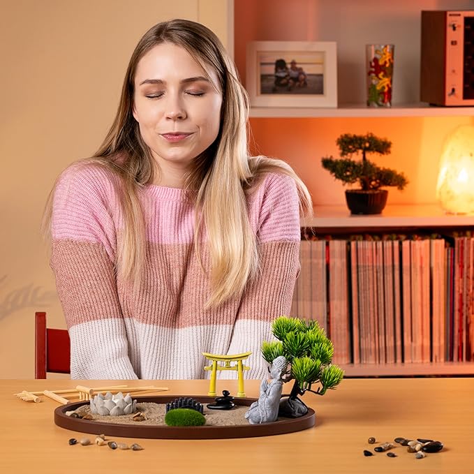 Zen Garden for Desk 13x8in – Japanese Decor with Buddha, Bonsai Tree, Tools & Accessories – Mini Zen Garden Kit for Office Desk, Home, Meditation Room, Desktop Gift Set, Sand Tray Therapy