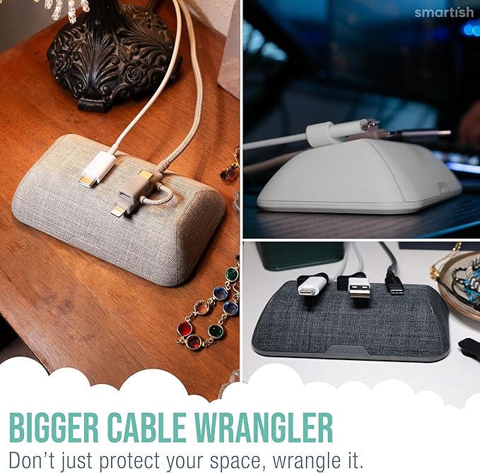 Smartish® Magnetic Cord Holder - Bigger Cable Wrangler Organizer with Magnet Clips for Charger Management on Desktop, Nightstand, or Side Table - Holds 6+ Cables - Black Tie Affair