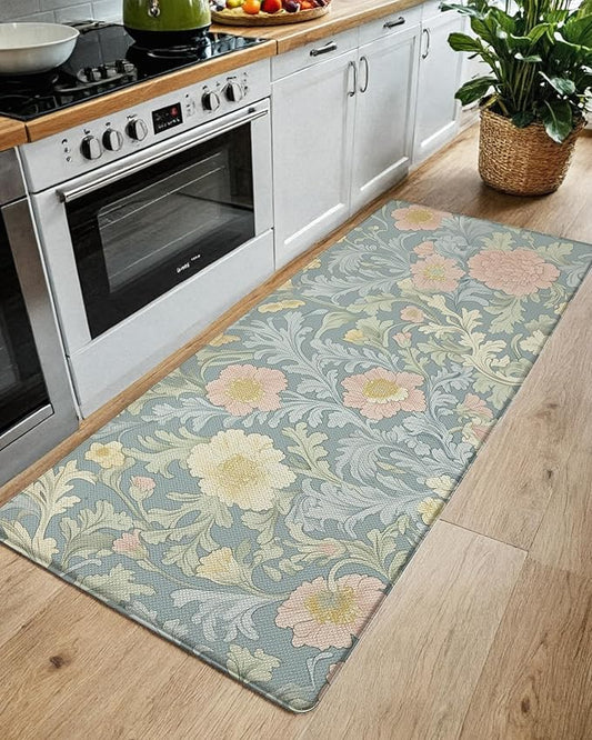 Color&Geometry Floral Kitchen Mat 24"x59", Anti Fatigue Mats for Kitchen Floor, Kitchen Rugs Non Slip, Waterproof & Oil Proof Kitchen Runner for Standing Desk Office, Sink - Dusty Blue