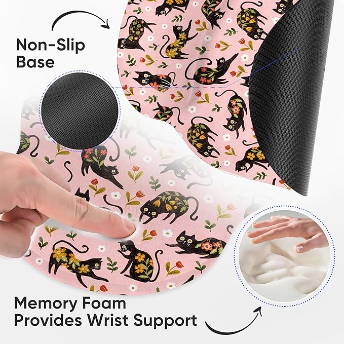RICHEN Ergonomic Mouse Pad with Wrist Support,Non-Slip Rubber Base for Computer Laptop & Mac,Lightweight Rest for Home,Office & Travel (Flowers Cats)