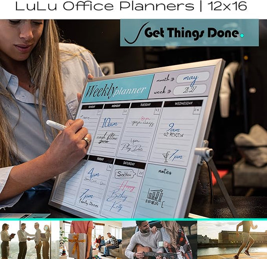 Dry Erase White Board for Desktop & Wall 12"x16" with 2 Magnetic Removable Planners - Weekly & Monthly to Do List Board with Stand, 6 Markers Eraser & Wall Hangers - Portable Double Sided Magnetic