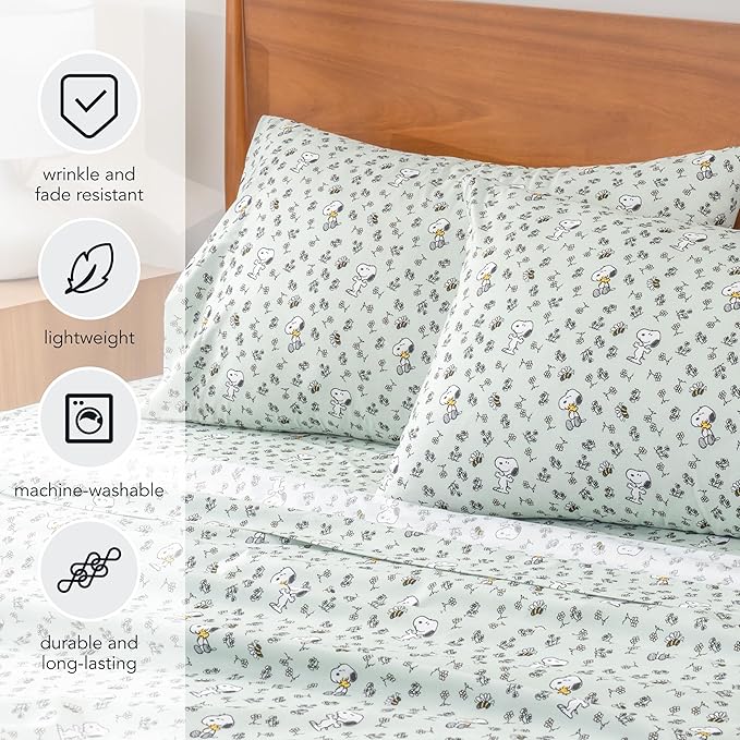 Berkshire Blanket Peanuts® Kids Sheet Set Full Size - 4 Pieces,Cute Character Snoopy Printed Soft Microfiber Bed Sheets,Mini Snoopy & Woodstock New Flower and Bees Sage