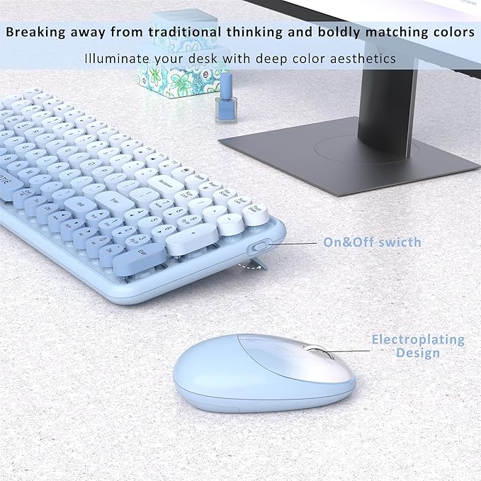 Wireless Keyboards and Mouse Combos, UBOTIE Colorful Gradient Rainbow Colored Retro Typewriter Flexible Keyboard, 2.4GHz Connection and Optical Mouse(Blue Gradient)