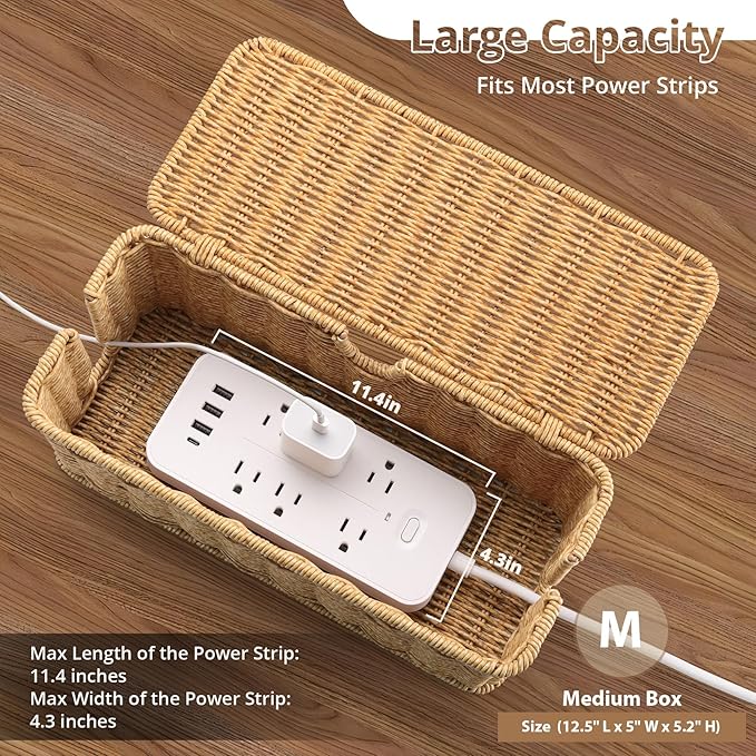 2Pack Large Cable Management Box, Handwoven Imitation Rattan Cord Organizer wire Hider Box, Desk Cord Management to Hide Cords and Power Strips