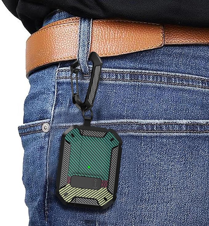 Maxjoy AirPods Pro 2nd/1st Generation Case Cover with Lock, AirPods Pro 2 Protective Case with Keychain Compatible with Apple AirPod Pro2 2023 USB C 2022 Lightning Cable/ Pro1 2019, Carbon Fiber Green