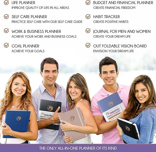 Life Planner - Undated Daily, Weekly & Monthly Planner with Budget Section | A 12 Month Journey to Increase Productivity & Happiness | Life Organizer & Gratitude Journal - Horizontal Format