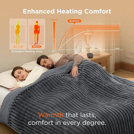 Bedsure Electric Blanket Queen Size - Thick Striped Flannel Electric Blanket with Dual Control, Heating with 10 Heat Settings & 10 Time Settings, 8 hrs Timer Auto Shut Off (84x90 inches, Grey)
