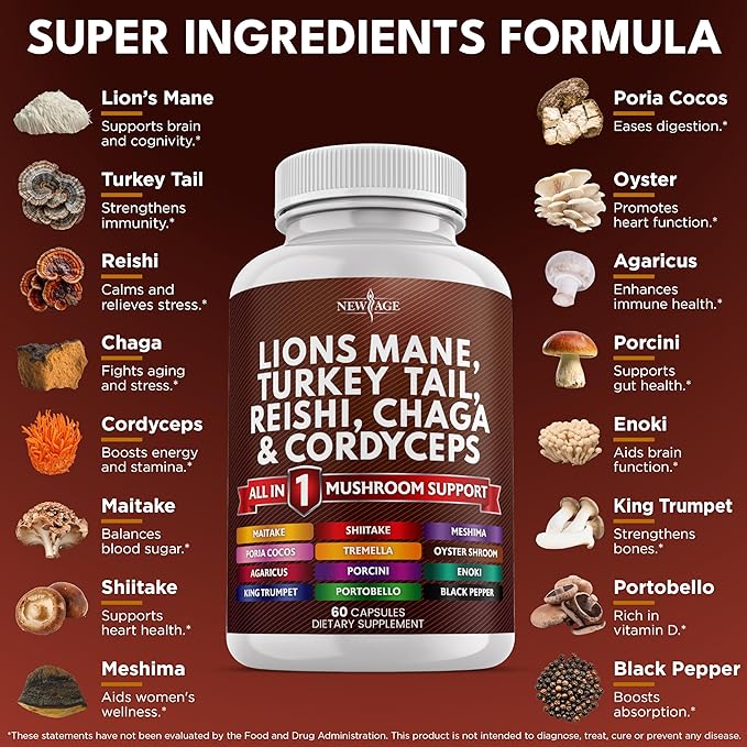 NEW AGE Lions Mane Mushroom Supplement with Turkey Tail Reishi Cordyceps Chaga with Marshmallow Root