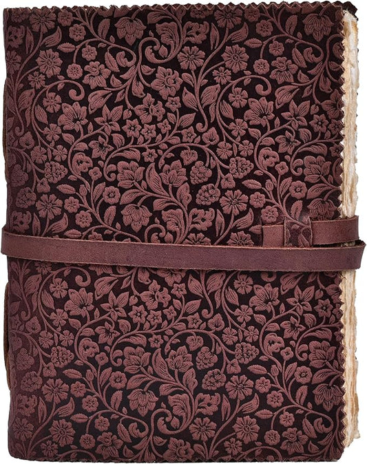 LEATHER VILLAGE Leather Bound Floral Embossed Journal for Women Men - 200 Pages, 8”X6”(A5), Fuchsia - Book of Shadows, Vintage Blank Paper Travel Diary, Notebook for Writing, Drawing, Sketchbook