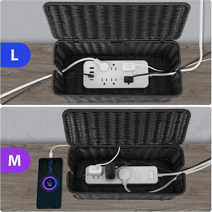 2Pack Large Cable Management Box Black, Handwoven Imitation Rattan Cord Organizer Cord Hider, Desk Cord Management Box to Hide Cords and Power Strips on Desk or Floor