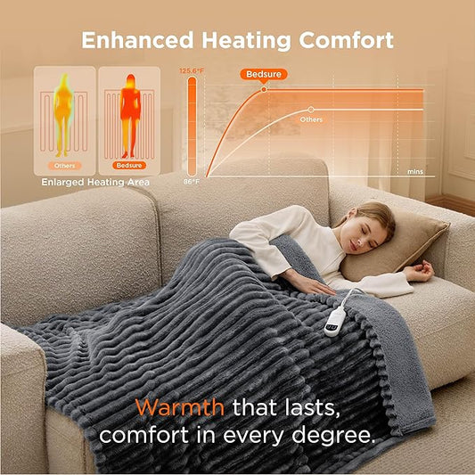 Bedsure Heated Blanket Electric Throw - Thick Striped Flannel Electric Blanket, Heating with 4 Time Settings, 6 Heat Settings, and 3-Hour Timer Auto Shut Off, Gift for Grandma (50x60 inches, Grey)