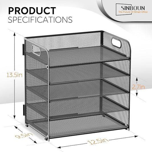 Letter Tray Paper Organizer 5-Tier Desk Organizer File Organizer Paper Holder with Handle, Metal Desktop Document Shelf Tray Office Classroom Organization - Black