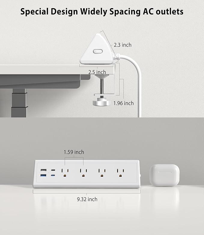 Jgstkcity Desk Clamp Power Strip,20W Fast Charging Station,Surge Protector Nightstand Edge Mount,1875W Extension Cord with Multiple Outlets,2 USB-C,2 USB-A,for Home Office (White, 6 FT)