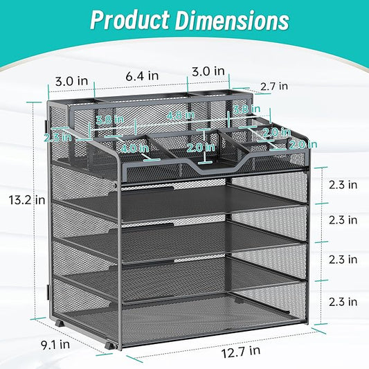 5 Tier Mesh Desk Organizer,Multi Functional Letter Paper Tray with 3 Pen Holders and 5 Adjustable Storage Compartments for Office Supplies Files and Mail Space Saving Desktop Organizer-Black