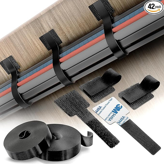 Cable Management Kit – 40 Self-Adhesive Hook and Loop Ties with 2 Extension Straps – Made with 3M Tape, Back-Sticky Cord Organizer for Under Desk, Wall, Home, Office – Adjustable Wire Holders (Black)