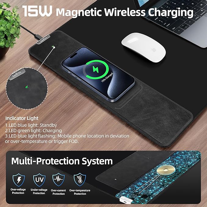 Wireless Charging Mouse Pad, Gaming Mouse Pad with Ultra-Smooth Surface, 31.5”x15.75” Large Desk Mat, Non-Slip Rubber Base, Waterproof Computer Keyboard Pad for Gaming, MacBook, Laptop, Desk