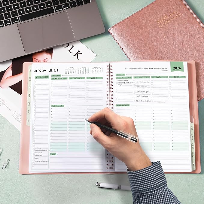 2026 Planner - 11.38'' x 8.74'', Weekly & Monthly Planner Notepad 2026, JAN. 2026 - DEC. 2026, Appointment Book, 60 Minutes Interval, Monthly Tabs, Faux Soft Leather, Spiral Bound - Rose Golden