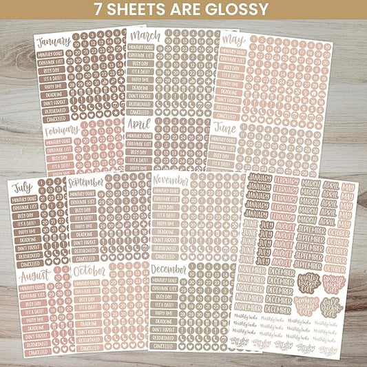 bloom daily planners Muted Neutrals Calendar Essentials Planner Stickers - 8 Sheets, 1629 Stickers Per Pack! - Color Coordinating Monthly Headings, Dates, Icons, Etc. - Aesthetic Boho