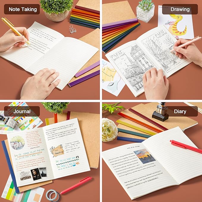 feela 16 Pack Composition Notebooks Bulk, Kraft Cover Lined Blank College Ruled Composition Travel Journals with Jewel Tone Spines For Women Students, 60 Pages, 8.3”x 5.5”, A5, 8 Vintage Colors