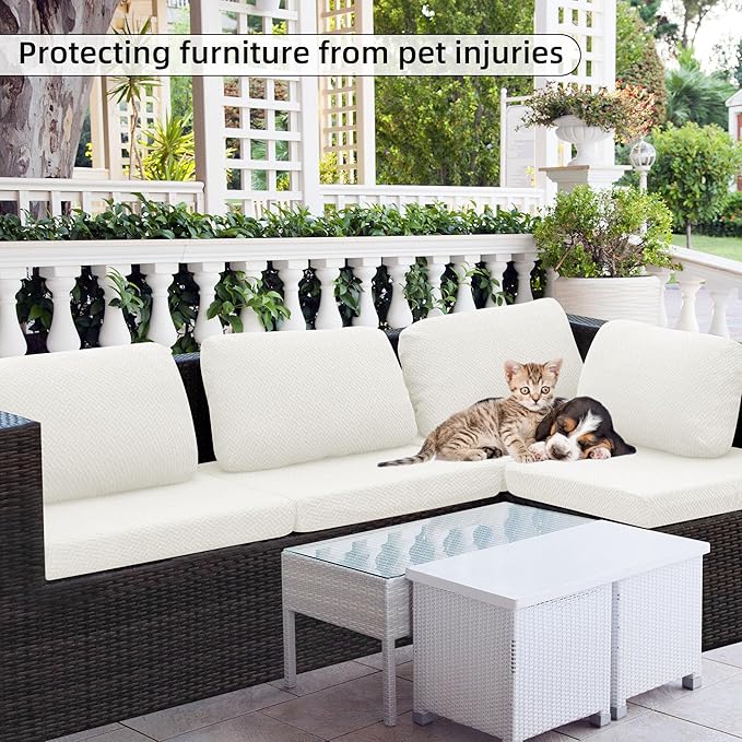 8Pcs Stretch Patio Cushion Cover Outdoor Cushion Cover Replacement Slipcovers Outdoor Cushion Covers Thick Jacquard Textured Twill Fabric Porch Patio Furniture Protector(Cream,Cover,Only)