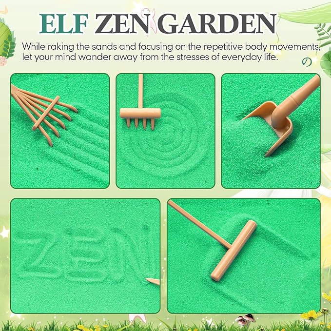 Soulchen Zen Garden Kit for Desk Decor Zen Sand Garden Box Set with Black Wooden Tray, Blue Sand, Tools & Accessories Japanese Gifts for Desktop Meditation Room Office Home (Fairy Style)