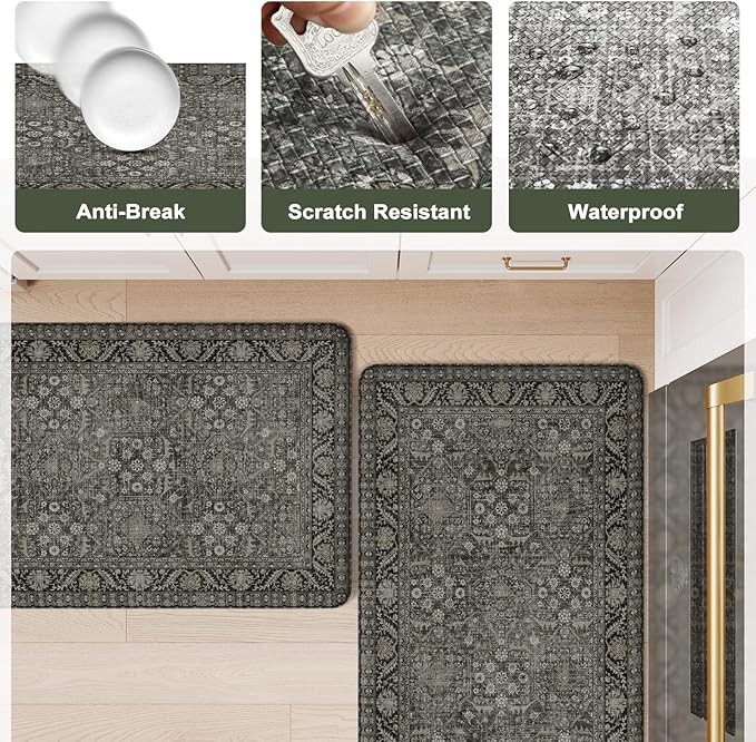 KIMODE Kitchen Mat for Floor Cushioned Anti Fatigue, 20"x71"+20"x32" Farmhouse Kitchen Rugs Sets of 2, Non Slip Waterproof Kitchen Floor Mat, Standing Mat for Sink Laundry Office Desk Green/Grey