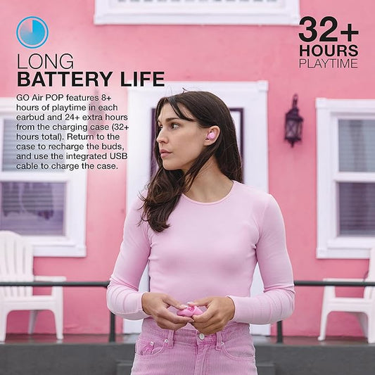 JLab Go Air Pop True Wireless Earbuds, in Ear Headphones, Bluetooth Earphones, Ear Buds with 32H Playtime, Bluetooth Earbuds with Microphone, USB Charging Case, Dual Connect, EQ3 Sound, Pink