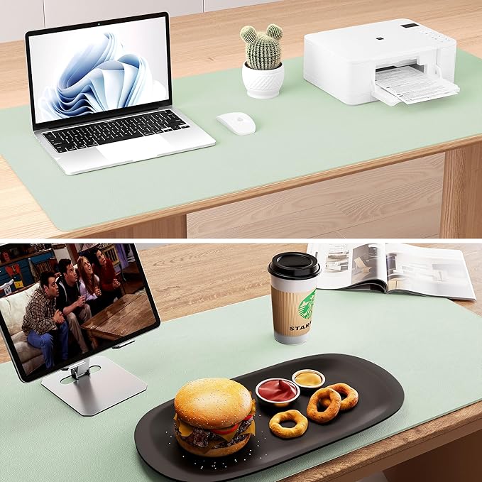 Aothia Double-Sided Desk Pad – 37.8"x17" Leather Desk Mat with Eco Cork Protector, Large Mouse Pad, Waterproof Desk Blotter for Office/Home (Aqua)