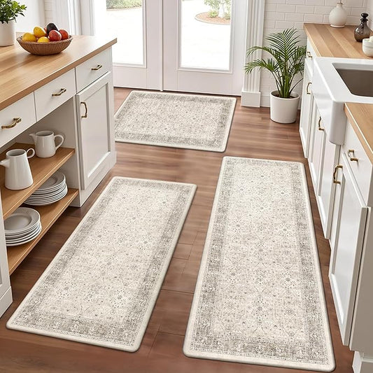 Pauwer Anti Fatigue Kitchen Mat Set of 3 Non Slip Kitchen Mats for Floor Cushioned Kitchen Rugs Comfort Standing Mat Farmhouse Waterproof PVC Foam Kitchen Floor Mat Runner, Khaki
