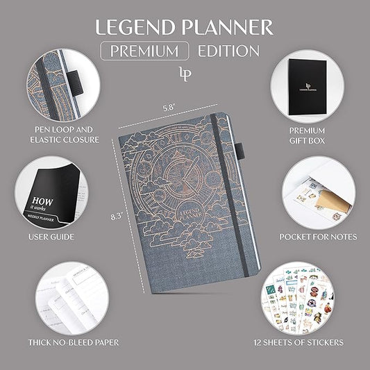 Legend Weekly Planner Premium – Undated Weekly, Monthly & Budget Planner – Life Organizer for Time Management & Productivity, A5 (Mystic Gray)