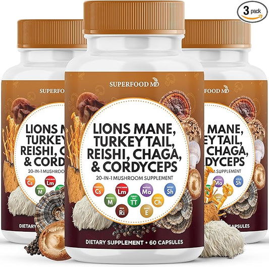 Lions Mane Mushroom Supplement with Turkey Tail Reishi Cordyceps Chaga with Marshmallow Root - 180 Count