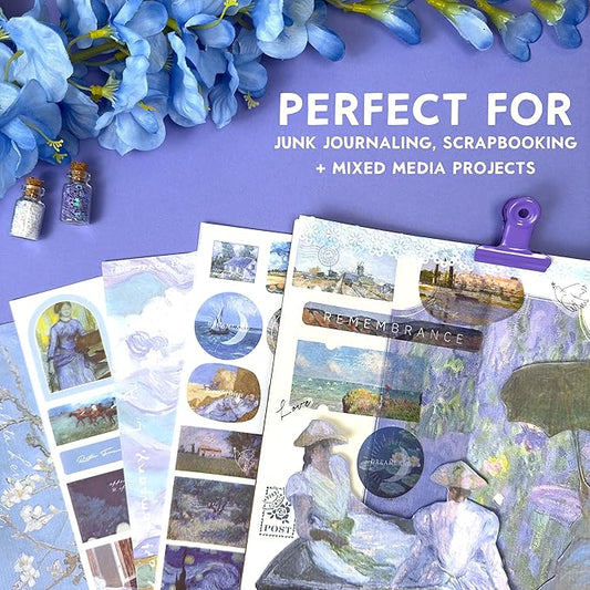 Vintage Journaling Supplies for Junk Journal - 487 Scrapbooking Stickers & 20 Ephemera Papers Washi Stickers with Art Famous Paintings