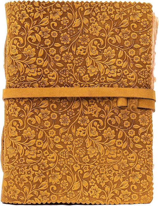LEATHER VILLAGE Leather Bound Floral Embossed Journal for Women Men - 200 Pages, 8”X6”(A5), Sun Tan - Book of Shadows, Vintage Blank Paper Travel Diary, Notebook for Writing, Drawing, Sketchbook