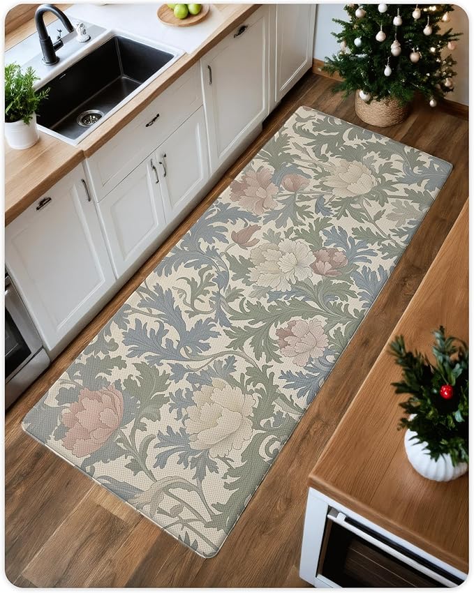 Color&Geometry Floral Kitchen Mat 24"x59", Anti Fatigue Mats for Kitchen Floor, Kitchen Rugs Non Slip, Waterproof & Oil Proof Kitchen Runner for Standing Desk Office, Sink - Floral Beige