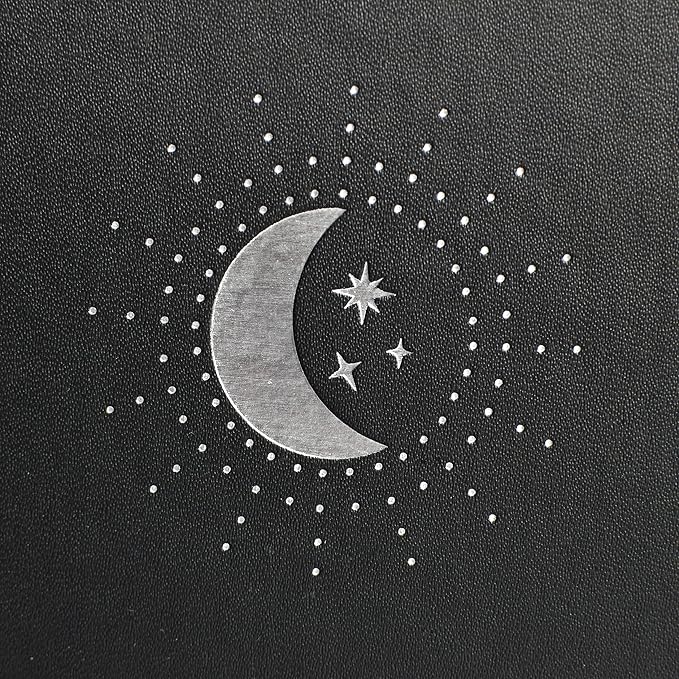 RICCO BELLO Hardcover Dot Grid Journal Notebook, Lay Flat Design, Pen Holder, 5.7 x 8.4 inches, Thick 160 gsm Paper, 80 sheets/160 pages (Black Moon Stars)