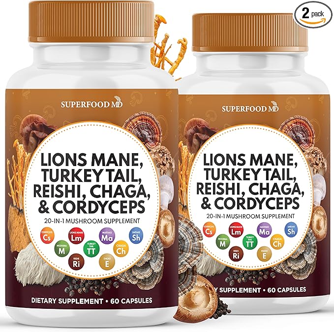 Lions Mane Mushroom Supplement with Turkey Tail Reishi Cordyceps Chaga with Marshmallow Root - 120 Count