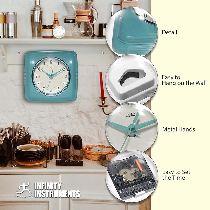 Infinity Instruments Retro – 9-Inch Square Silent Non-Ticking Mid-Century Modern Wall Clock – Vintage Decorative Timepiece for Kitchen, Office, or Diner – Turquoise