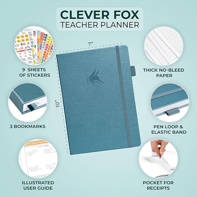 Clever Fox Teacher Planner – School Year Planner with Calendars & Lesson Plans – Teacher Plan Book for Classroom & Homeschool Organization - Undated, 7x10″, Hardcover (Aquamarine)